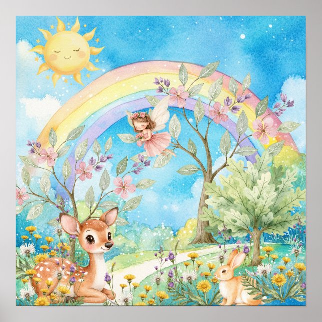 Póster Dulces Sueños Arcoíris Ciervo y Conejo Guardería I (Frente)