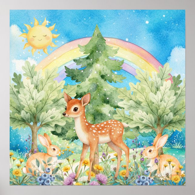 Póster Dulces Sueños Arcoíris Ciervos y Conejos Guardería (Frente)