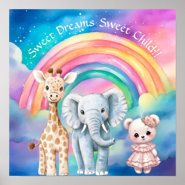 Póster Dulces Sueños Arcoíris Elefante y Jirafa para Guar (Frente)