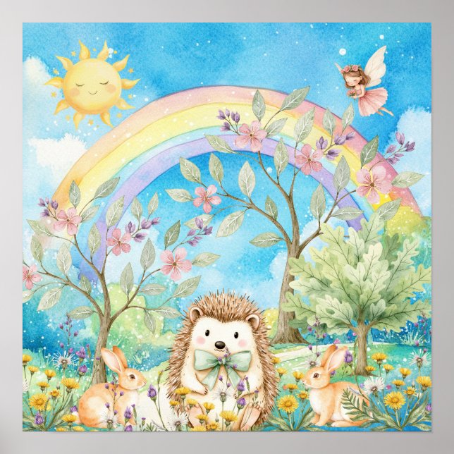 Póster Dulces Sueños Arcoíris Erizo y Conejos Guardería  (Frente)