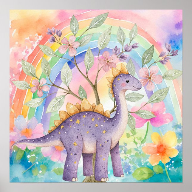 Póster Dulces Sueños Arcoíris Púrpura Dinosaurs Guardería (Frente)