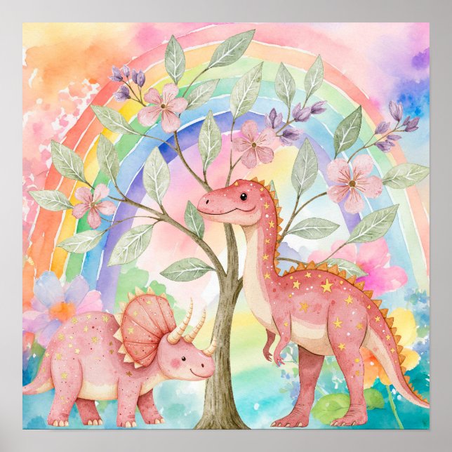 Póster Dulces Sueños Arcoíris Rosa Dinosaurs Guardería  (Frente)