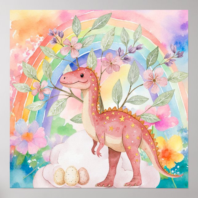 Póster Dulces Sueños Arcoiris Rosa Dinosaurs Guardería  (Frente)
