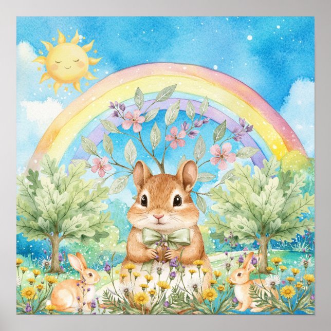 Póster Dulces Sueños Ardilla Arcoíris y Conejos Guardería (Frente)