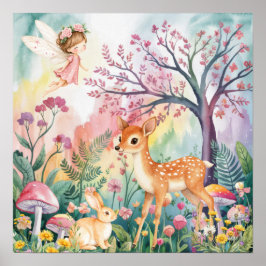 Póster Dulces Sueños Bosque Ciervos y Conejos Guardería
