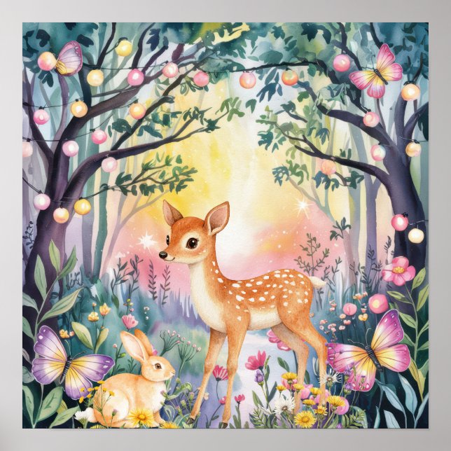 Póster Dulces Sueños Bosque Ciervos y Conejos Guardería  (Frente)