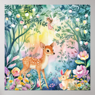 Póster Dulces Sueños Bosque Ciervos y Conejos Guardería