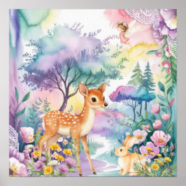 Póster Dulces Sueños Bosque Ciervos y Conejos Guardería
