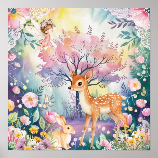 Póster Dulces Sueños Bosque Ciervos y Conejos Guardería  (Frente)