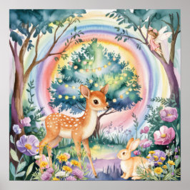 Póster Dulces Sueños Bosque Ciervos y Conejos Guardería