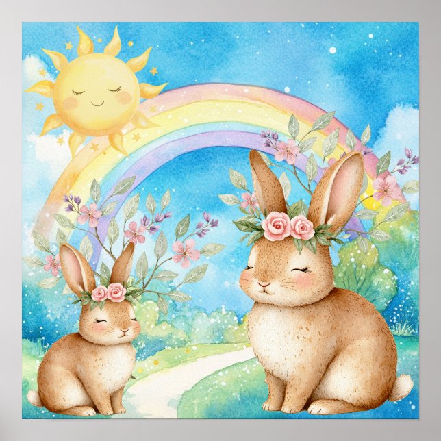 Póster Dulces Sueños Conejos Dormidos Arcoíris Guardería  (Frente)
