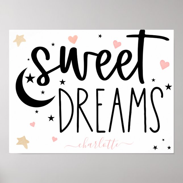 Póster Dulces Sueños Corazones Estrellas Rosa Femenino (Frente)