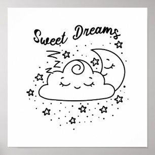 Póster Dulces Sueños Dormidos Luna Y Nube Con Estrellas