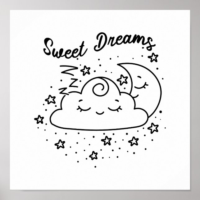 Póster Dulces Sueños Dormidos Luna Y Nube Con Estrellas (Frente)