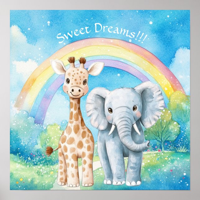 Póster Dulces Sueños Elefante Arcoíris y Jirafa para Guar (Frente)