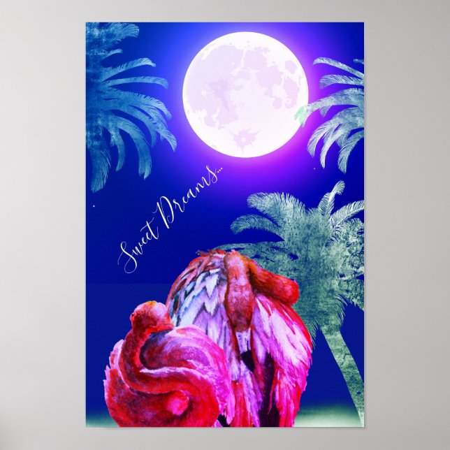Póster Dulces sueños flamencos tropicales y luna llena ro (Frente)