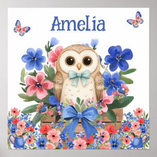 Póster Dulces Sueños Floral Bebé Búho & Nombre del Niño 