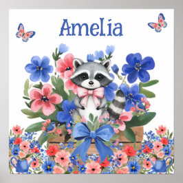 Póster Dulces Sueños Floral Bebé Mapache & Nombre del Niñ