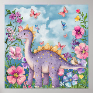 Póster Dulces Sueños Floral Dormitorio Dinosaurio Púrpura