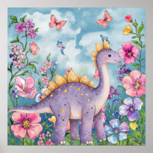 Póster Dulces Sueños Floral Dormitorio Dinosaurio Púrpura