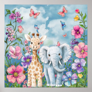 Póster Dulces Sueños Floral Elefante y Jirafa Guardería