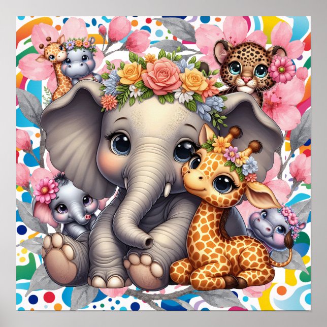Póster Dulces Sueños Floral Jungla Animales Guardería  (Frente)