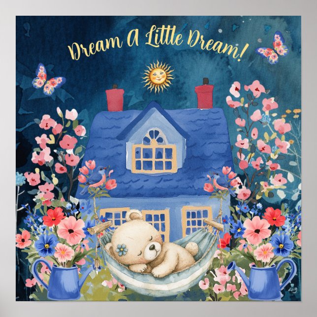 Póster Dulces Sueños Floral Teddy Bear & Birds Guardería  (Frente)