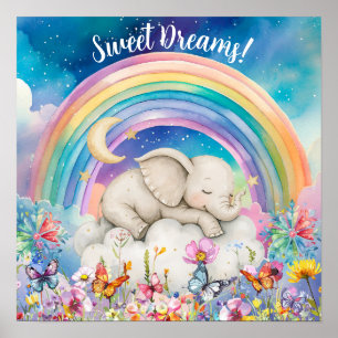 Póster Dulces Sueños Florales Arcoíris y Elefante Lindos