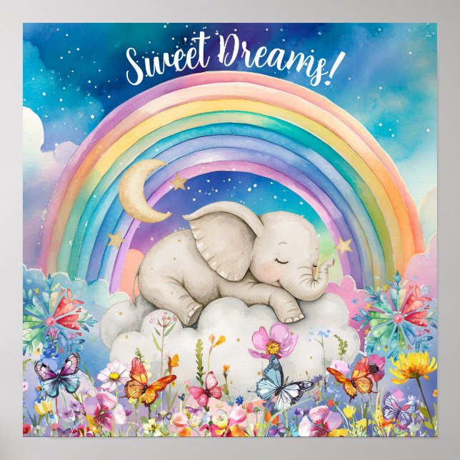 Póster Dulces Sueños Florales Arcoíris y Elefante Lindos (Frente)