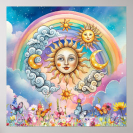 Póster Dulces Sueños Florales Sol, Estrellas y Luna