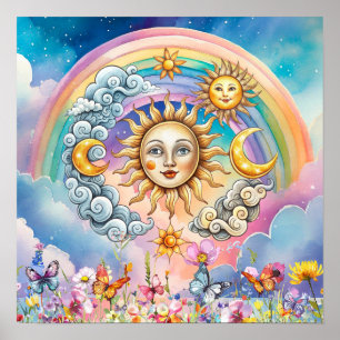 Póster Dulces Sueños Florales Sol, Estrellas y Luna