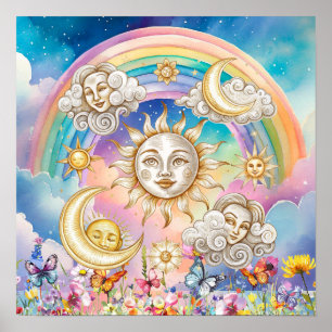 Póster Dulces Sueños Florales Sol, Estrellas y Luna