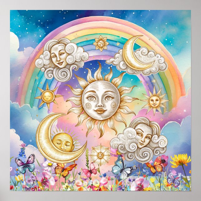 Póster Dulces Sueños Florales Sol, Estrellas y Luna  (Frente)