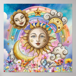 Póster Dulces Sueños Florales Sol, Estrellas y Luna