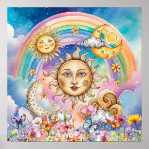 Póster Dulces Sueños Florales Sol, Estrellas y Luna