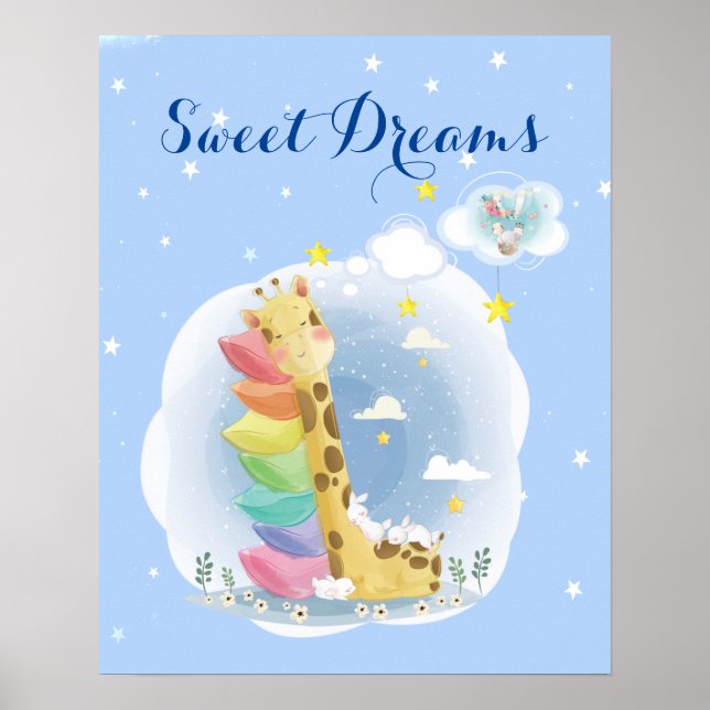 Póster Dulces sueños jirafa durmiendo con conejitos (Frente)