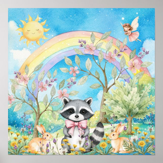 Póster Dulces Sueños Mapache Arcoíris y Conejos Guardería (Frente)
