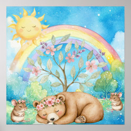 Póster Dulces Sueños Oso Dormilón Arcoíris y Ratones para