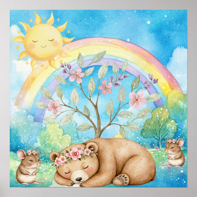 Póster Dulces Sueños Oso Dormilón Arcoíris y Ratones para (Frente)