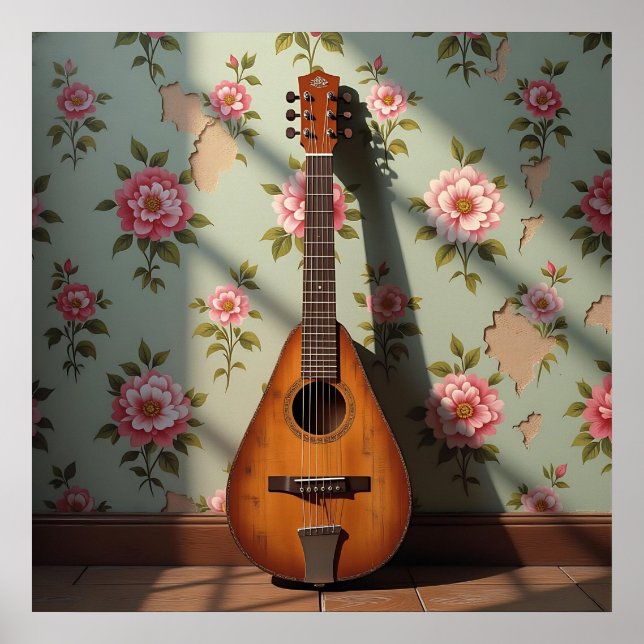Póster Dulcimer de seis cuerdas vintage floral (Frente)