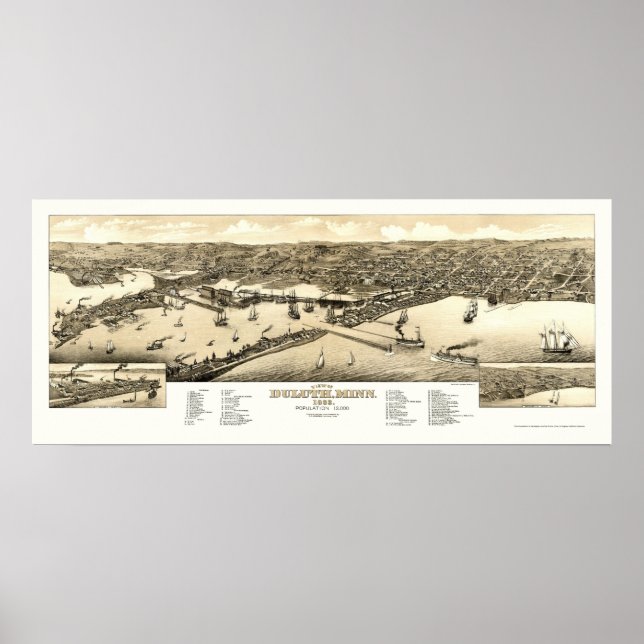 Póster Duluth, MN mapa panorámico - 1883 (Frente)