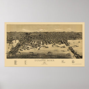 Póster Duluth, MN mapa panorámico - 1887