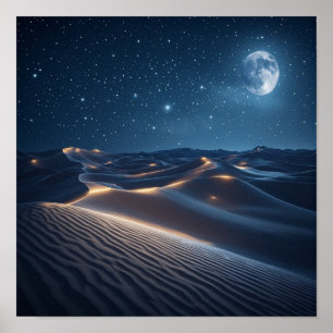 Póster Dunas iluminadas por la luna bajo cielos estrellad
