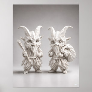 Póster Dúo de Krampus Chibi Origami en Blanco