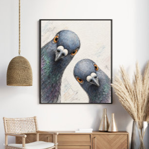 Póster Dúo de Palomas Curiosas Ave Gráfica Caprichosa