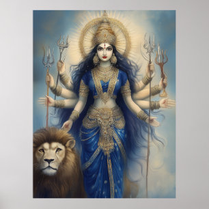 Póster Durga, diosa de la diosa león, retrato hindú