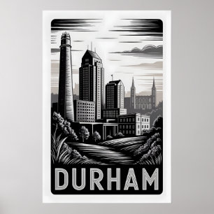 Póster Durham Carolina del Norte Grabado en Madera Blanco