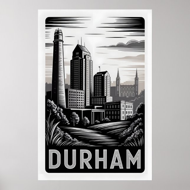 Póster Durham Carolina del Norte Grabado en Madera Blanco (Frente)