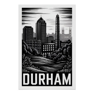 Póster Durham Carolina del Norte Grabado en Madera Negro 