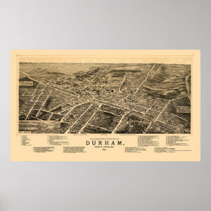 Póster Durham, Mapa Panorámico de NC - 1891